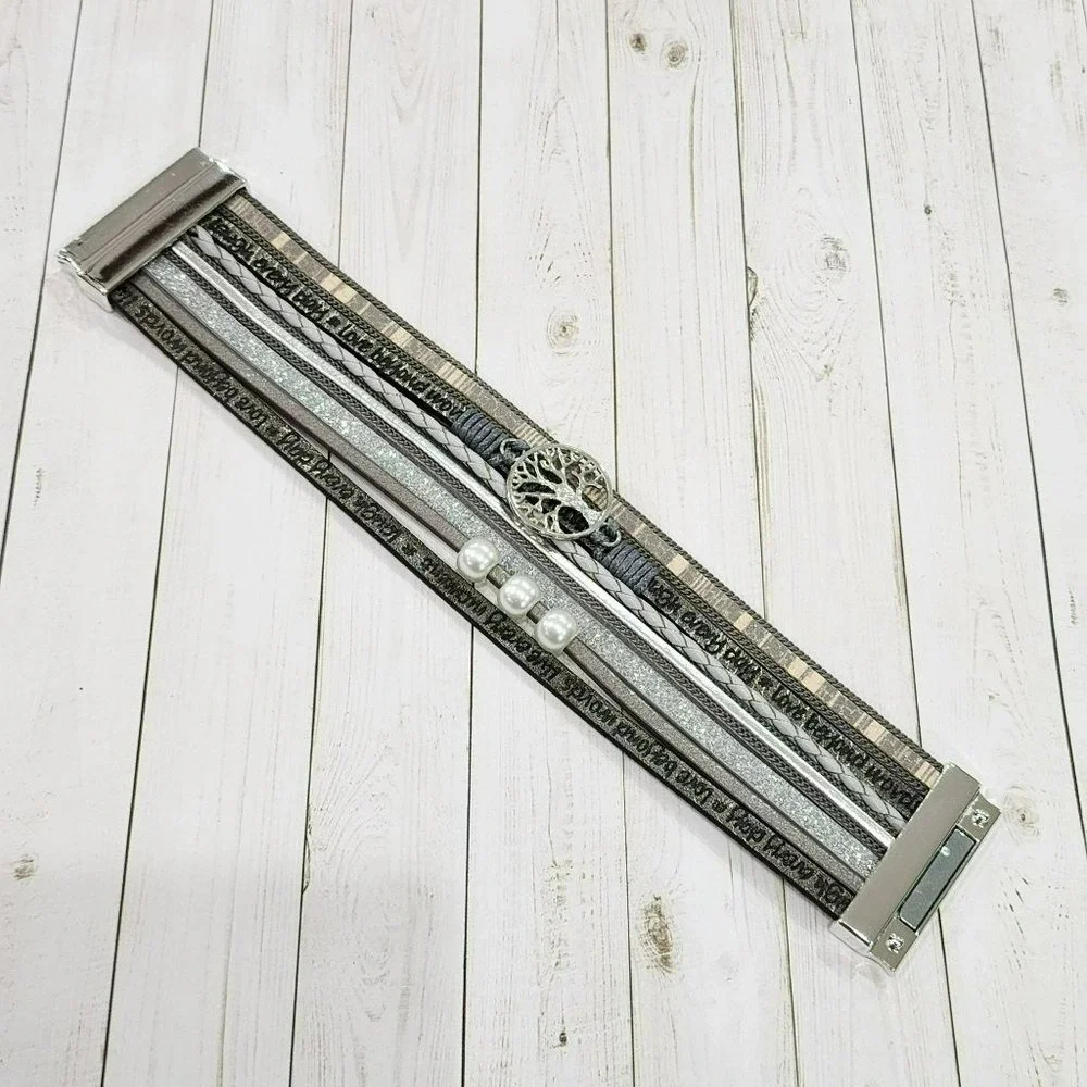 Multilayer Leather‎ Bangle Magnetic Clasp Bracelet for Men or Women 7.5in Silver